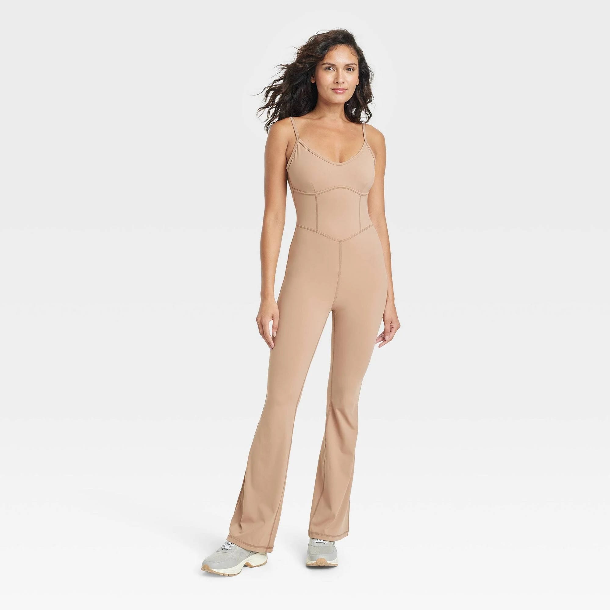 Athletic Long Bodysuit with Scoop Neckline in Light Brown | Image