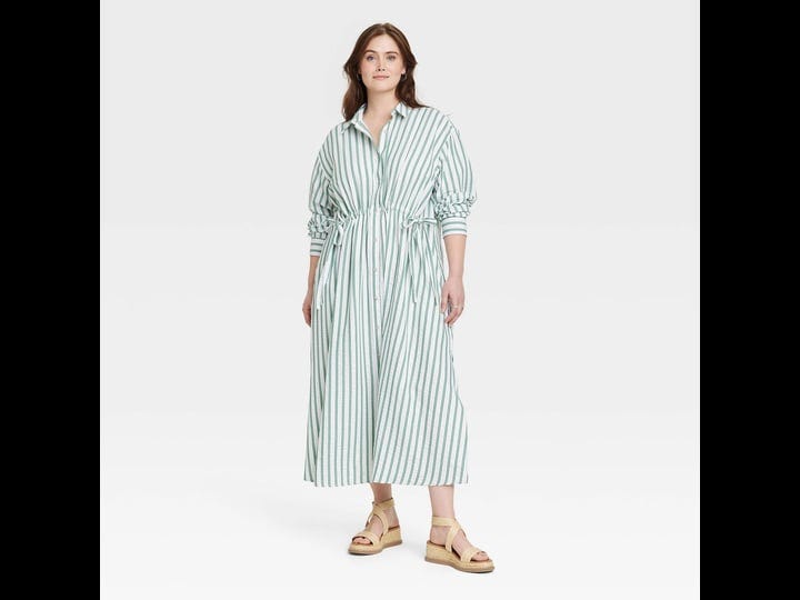 womens-long-sleeve-cinch-waist-maxi-shirtdress-universal-thread-green-striped-xxl-1