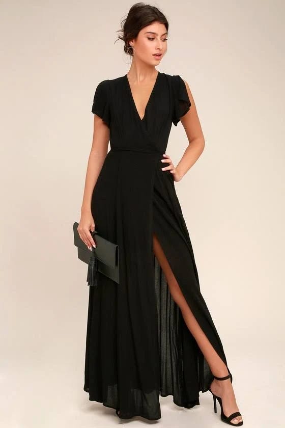 Stylish Short Sleeved Black Maxi Dress for Women | Image