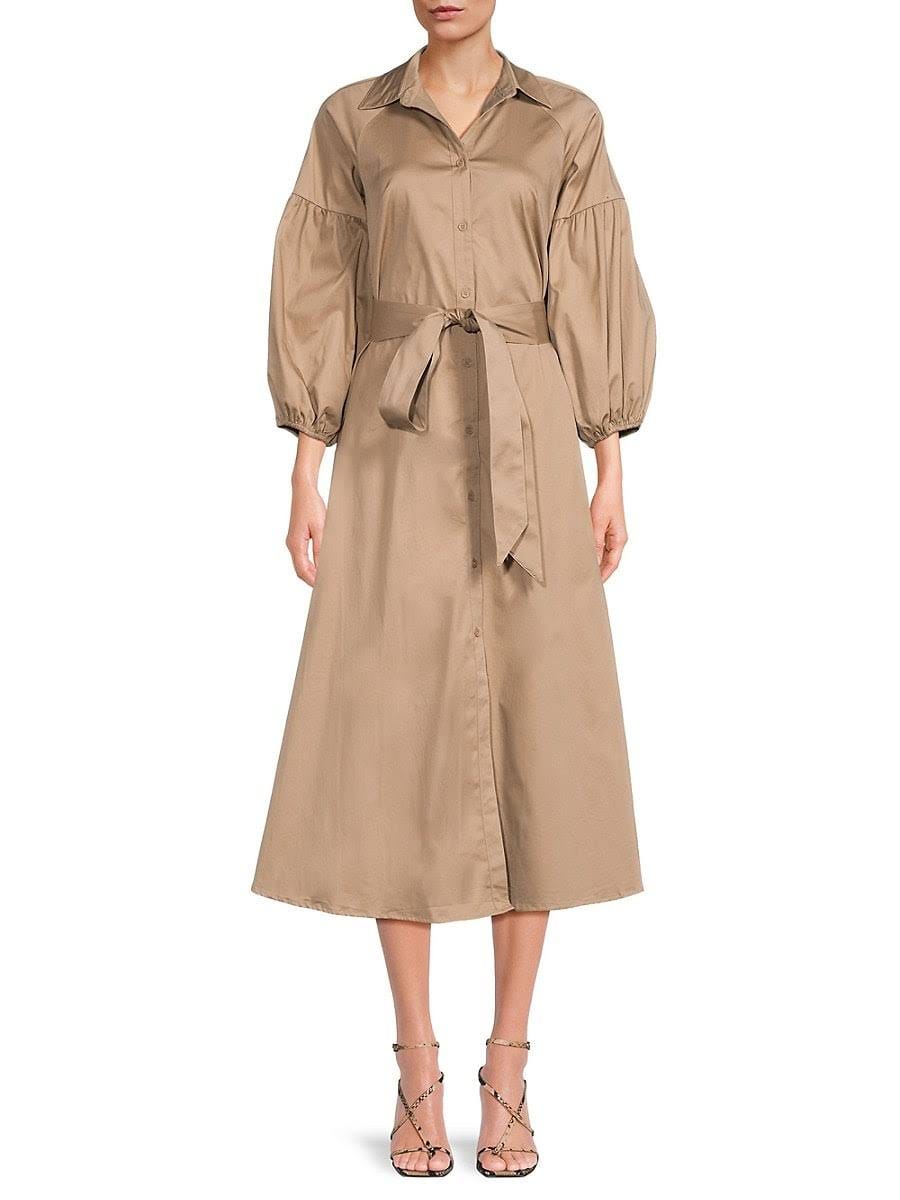 Comfortable Button-Front Shirt Maxi Dress in Khaki | Image