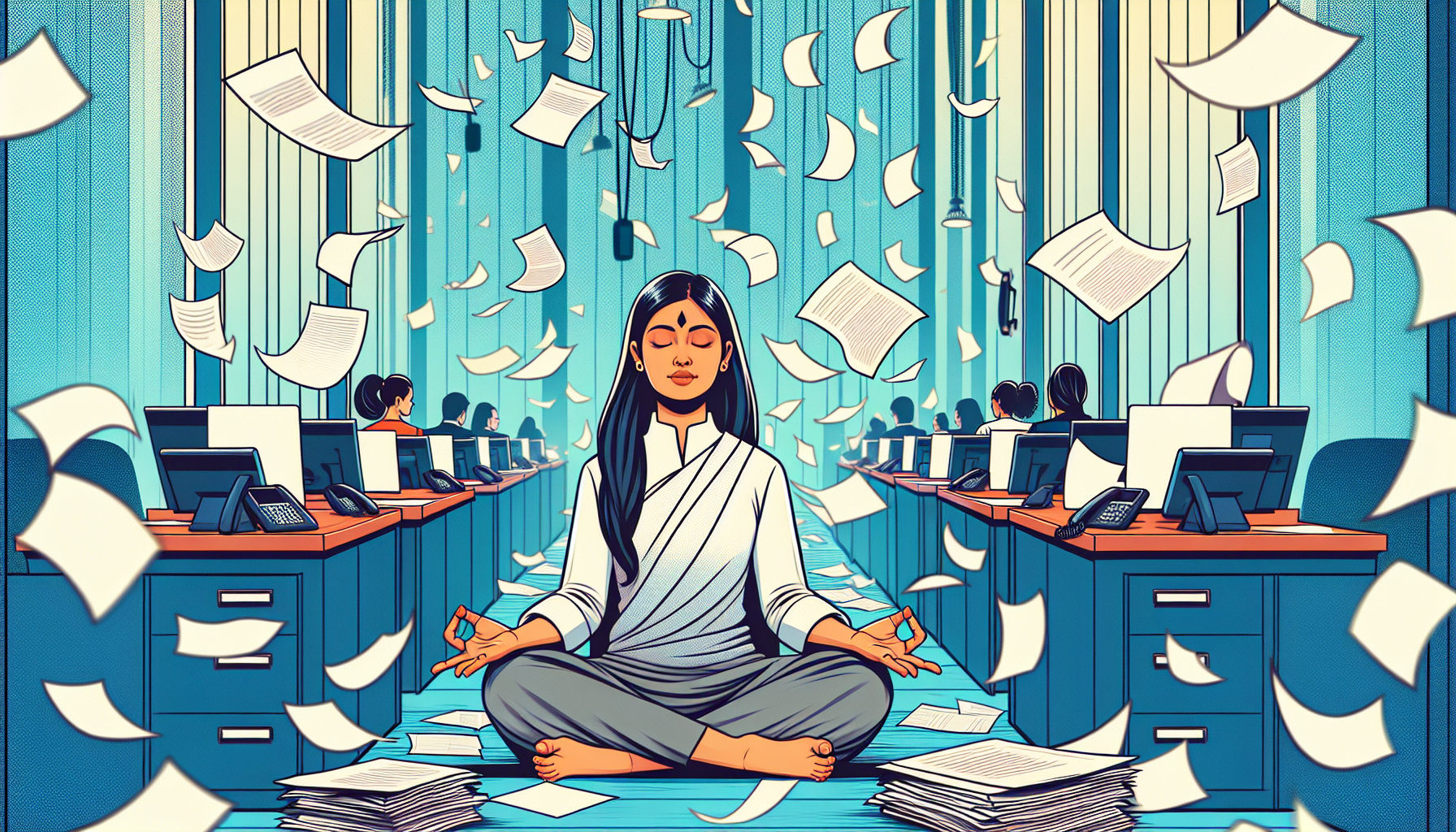 A person meditating peacefully amidst a chaotic office environment with papers flying around and phones ringing.