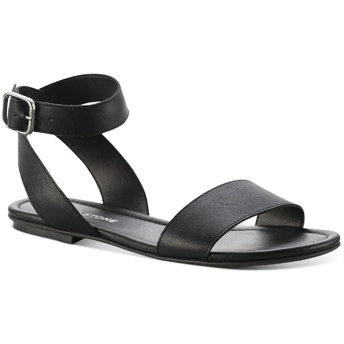 Stylish Faux Leather Flat Sandals for Women - Black, Size 5.5 | Image