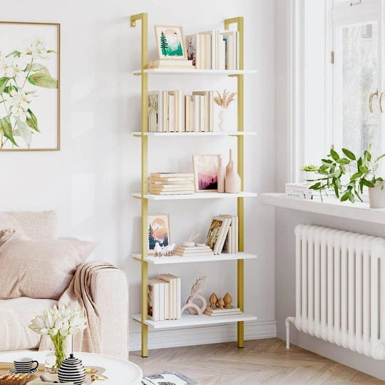 homfa-wall-mounted-iron-bookcase-5-tiers-ladder-shelves-with-gold-frame-white-finish-1