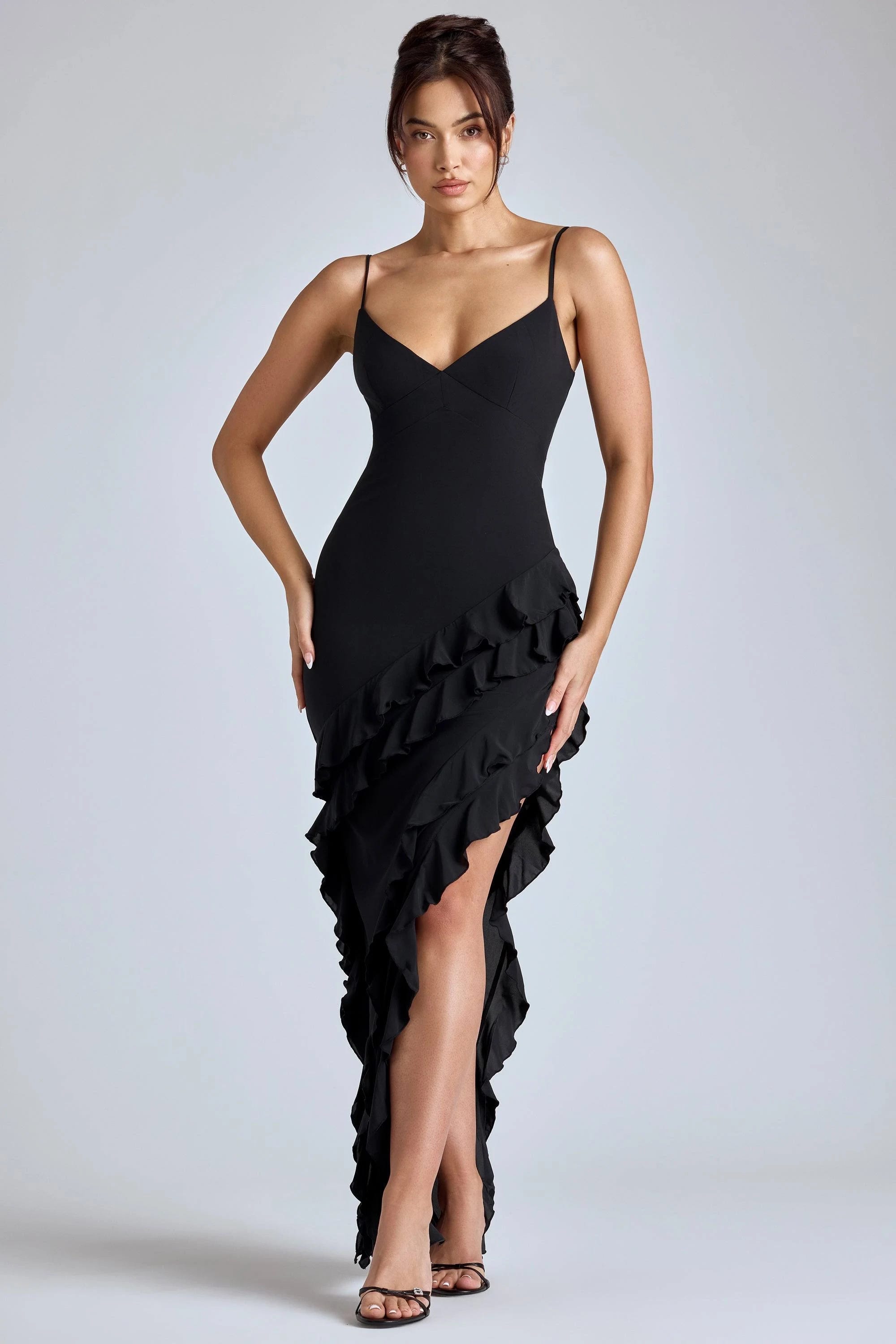 Stylish Black Evening Gown with Ruffle Detailing | Image