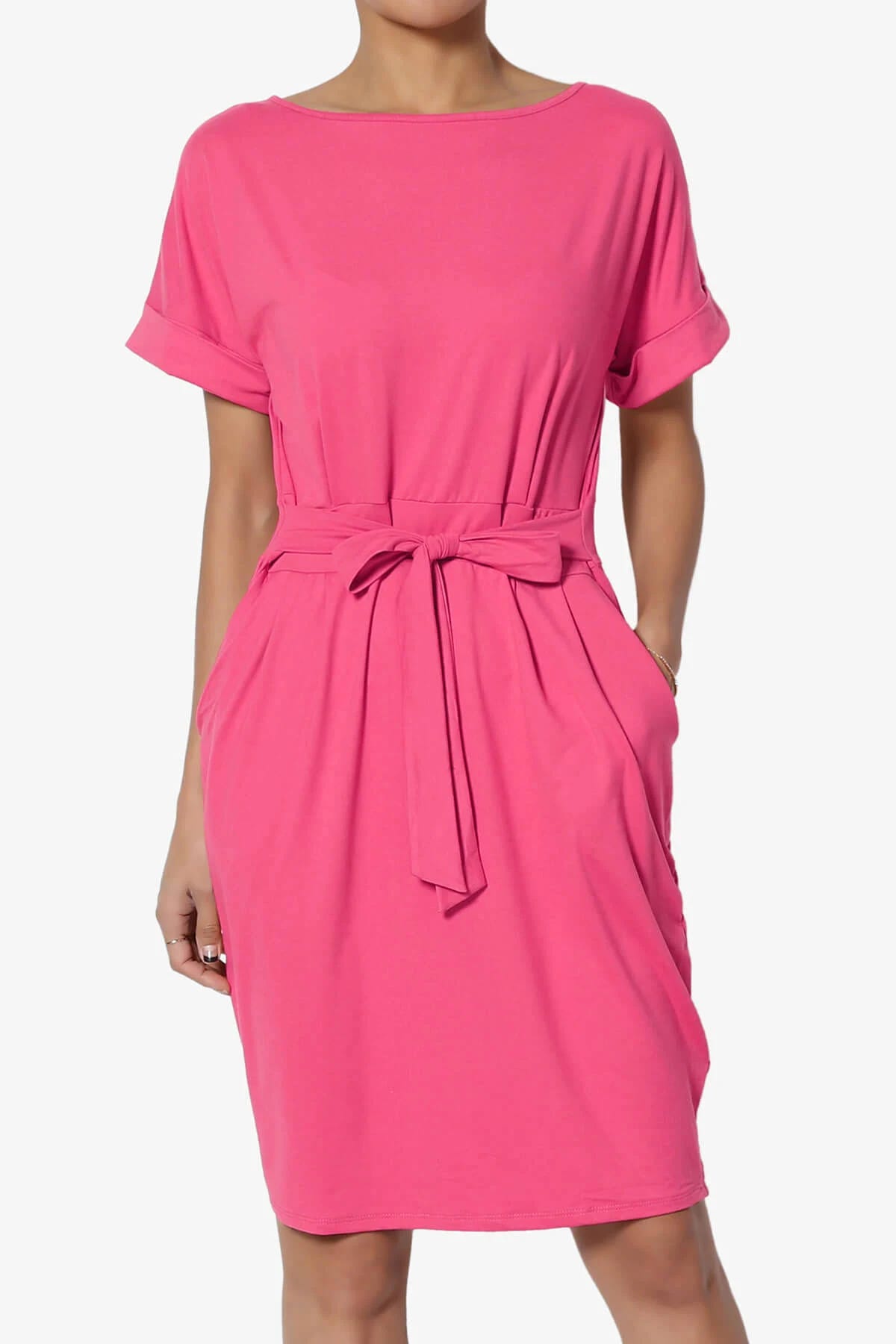 Tie-Waist Short Sleeve Shift Dress in Pink | Image
