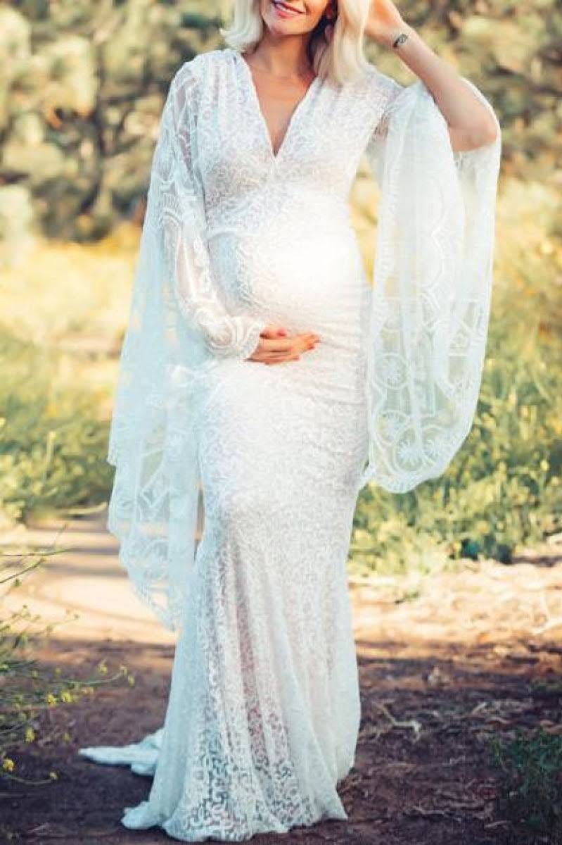 White Lace Maternity Dress for Baby Shower and Photoshoot | Image