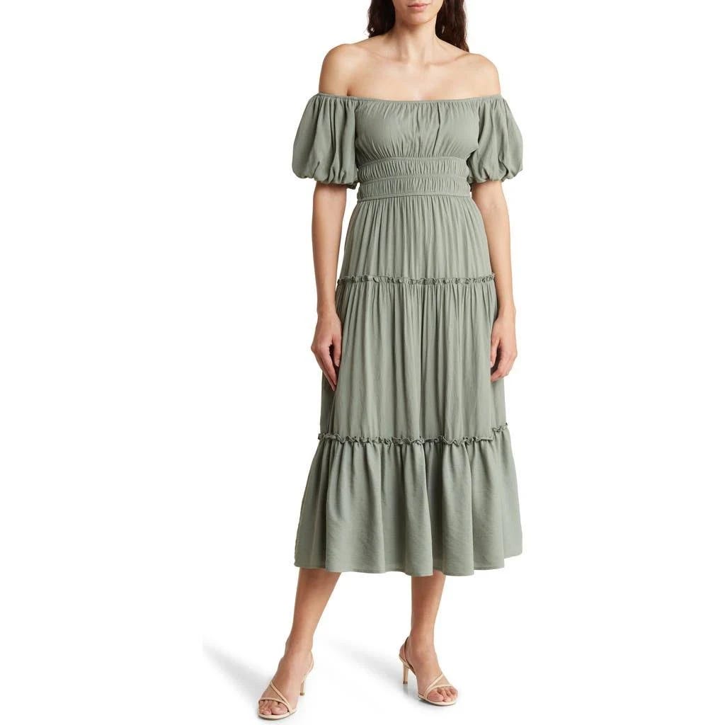 Trendy Olive Lined Midi Dress with Puffy Sleeves for Easy Movement | Image