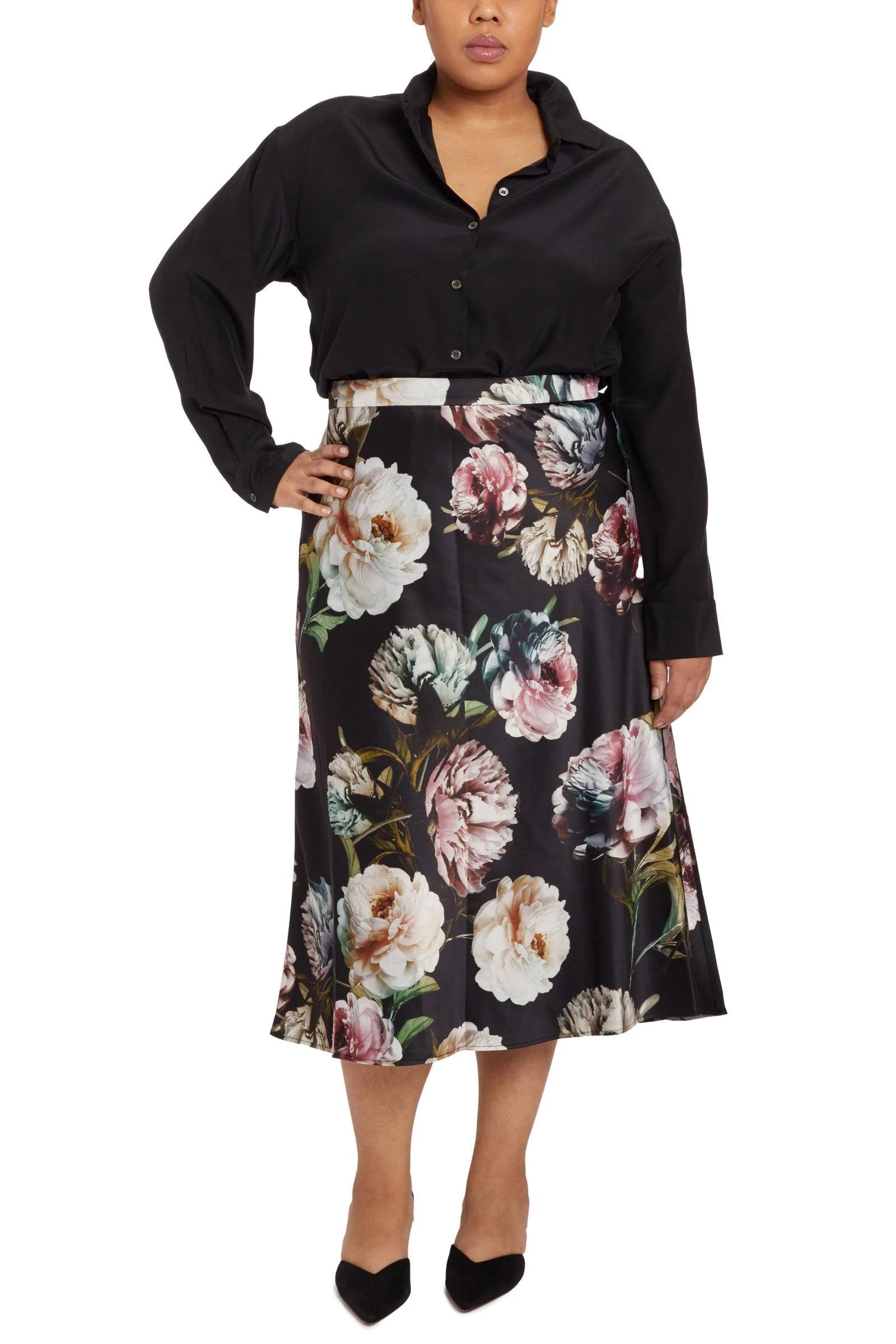 Paris Passion Black Floral Bias Cut Midi Skirt - Size 20 | Image