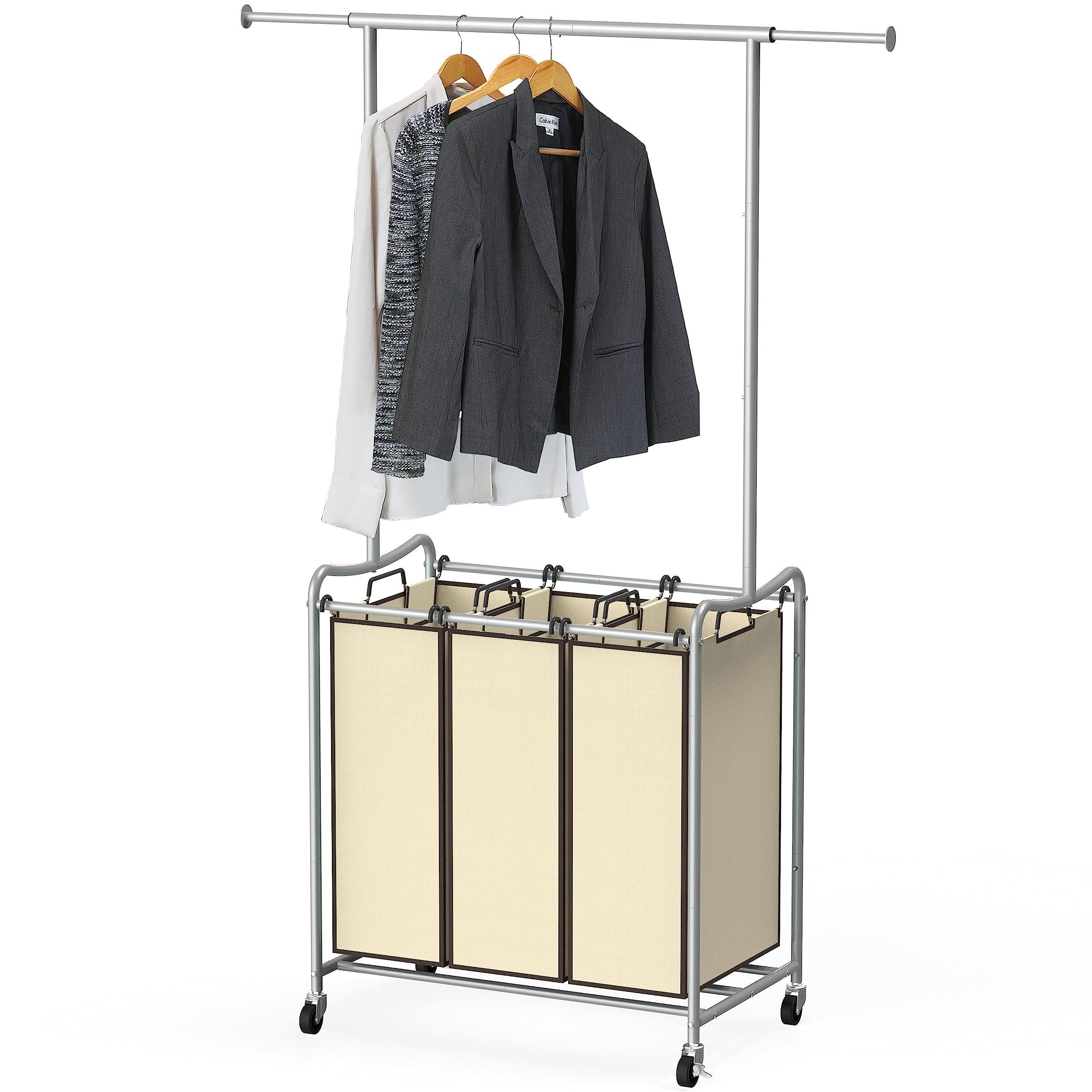 Sturdy 3-Bag Laundry Sorter Cart with Hanging Bar for Adults | Image
