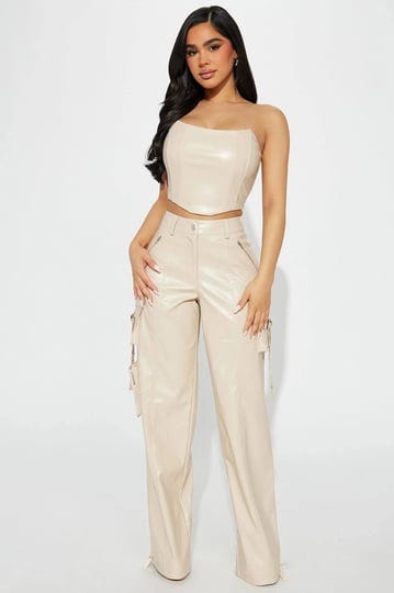 cargo-utility-faux-leather-cropped-corset-wide-leg-pant-set-in-taupe-size-s-for-streetwear-fashion-n-1