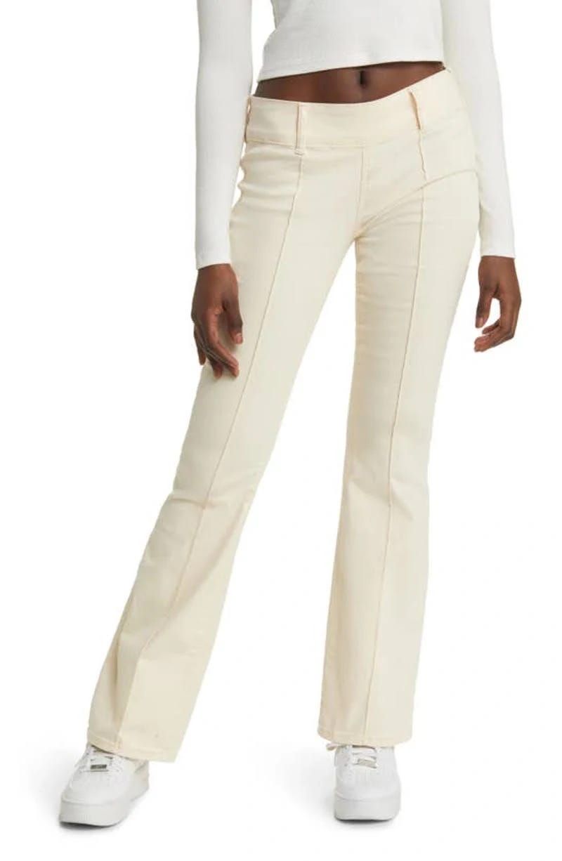 Ecru Front Seam Flare Pants with Mid-Rise Waist | Image