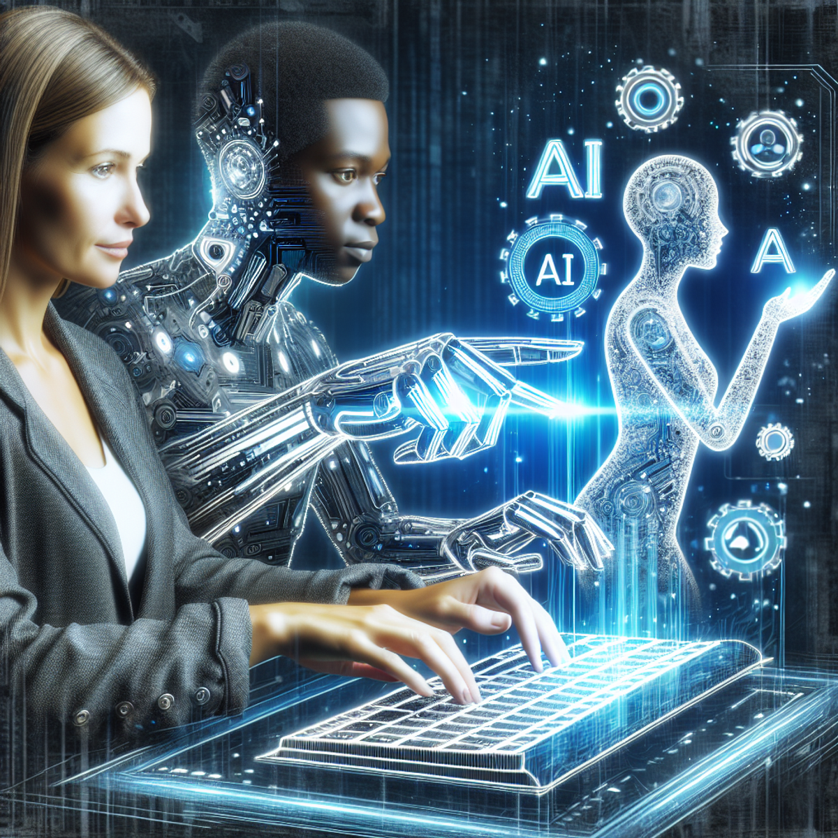 A Caucasian woman and a Black man collaborate with futuristic technology, using a keyboard adorned with AI symbols. Data flows from the keyboard, symbolizing the writing process accelerated by AI.
