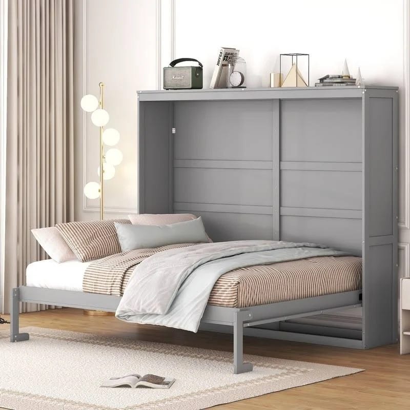 Grey Wooden Murphy Bed with Mattress Support for Multi-Use Rooms | Image