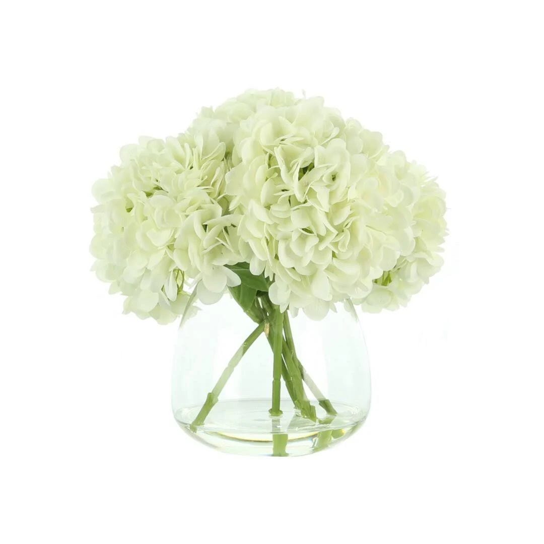 White Hydrangea Bouquet in Realistic Riverbend Vase | Image