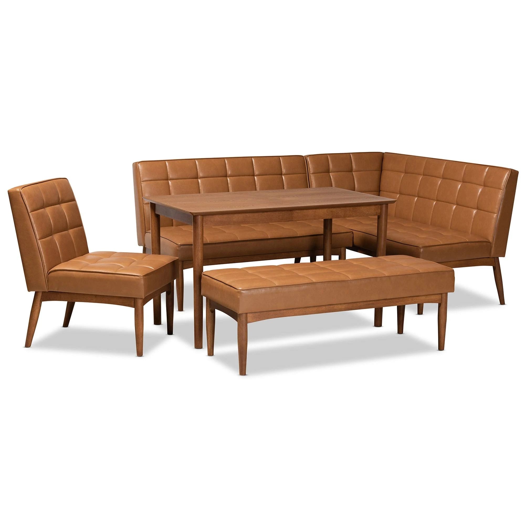 Mid-Century Modern Breakfast Nook Set with Tan Faux Leather Upholstery and Walnut Brown Finish | Image