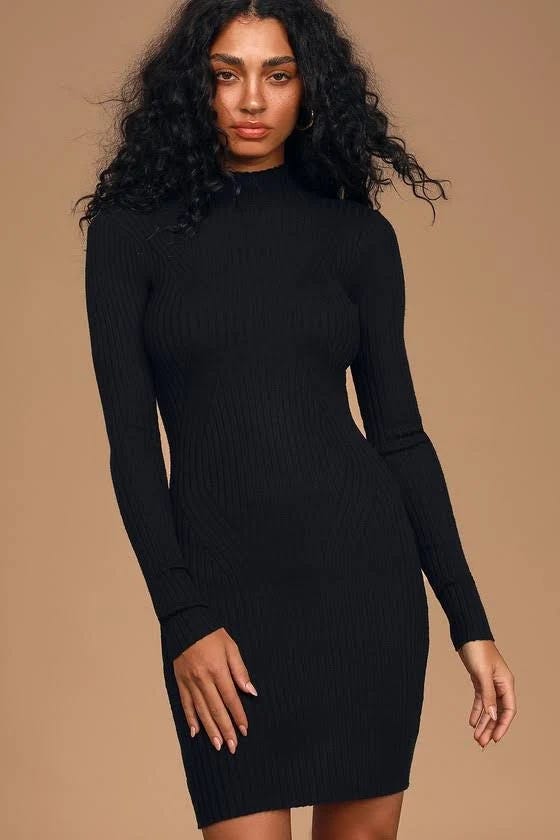 Fitted Black Ribbed Mock Neck Sweater Dress for a Snug Fit | Image