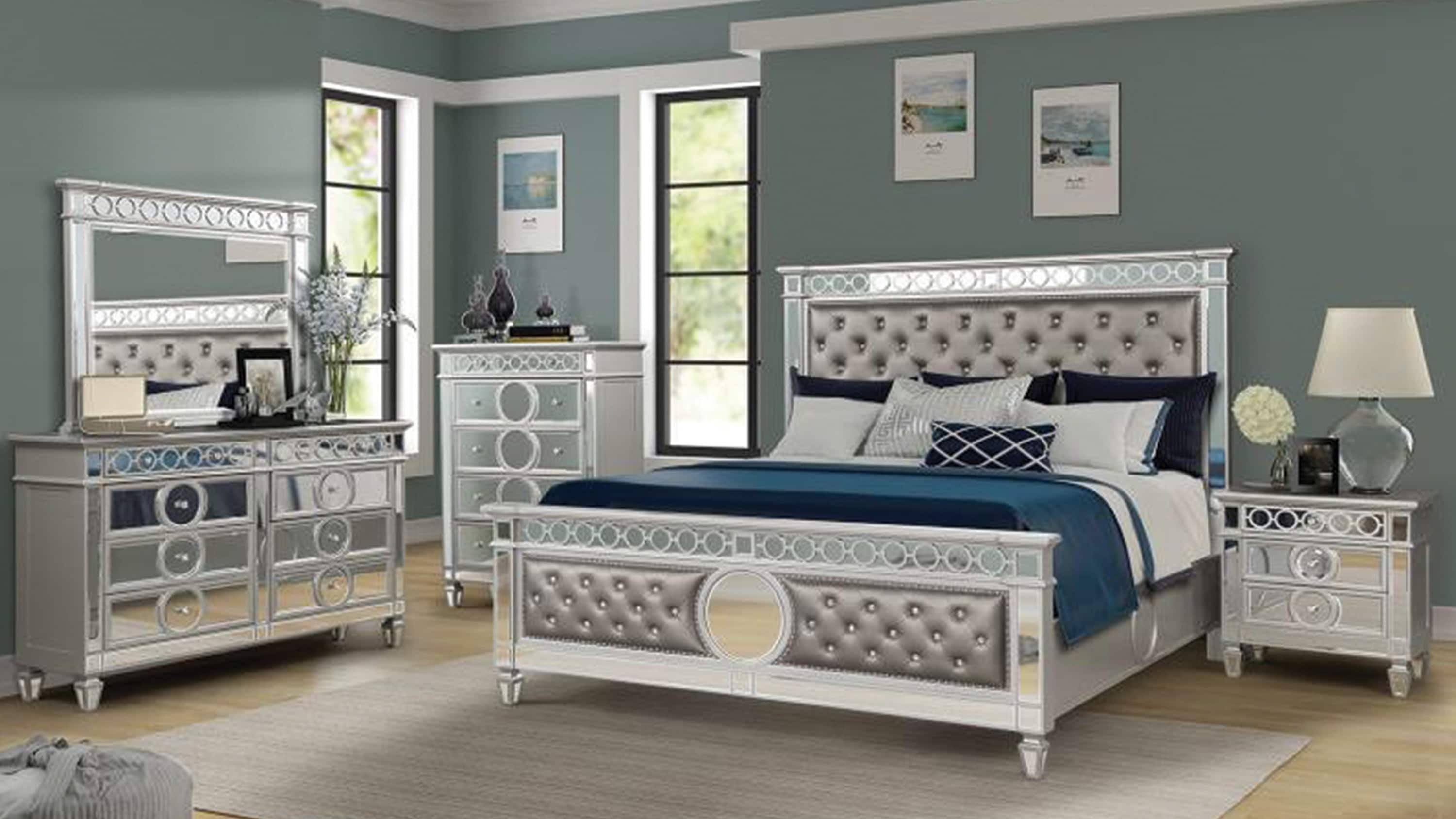 Symphony Mirror Front Queen Bedroom Set in Grey Mirrored Finish | Image