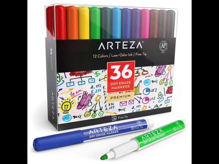 arteza-dry-erase-markers-pack-of-36-with-fine-tip-12-assorted-colors-with-low-1