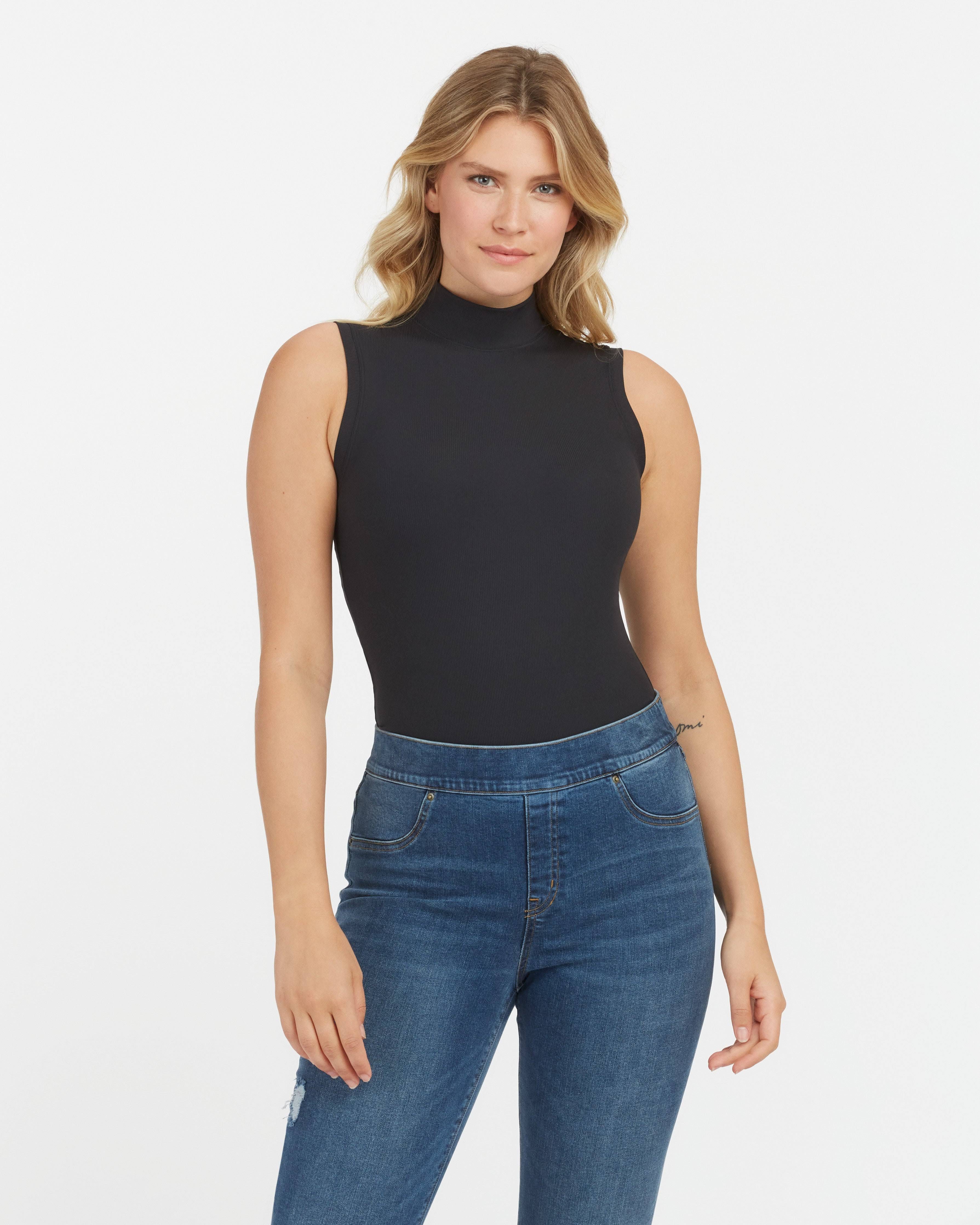 Fashionable Black Mock Neck Bodysuit for a Sleek Look | Image