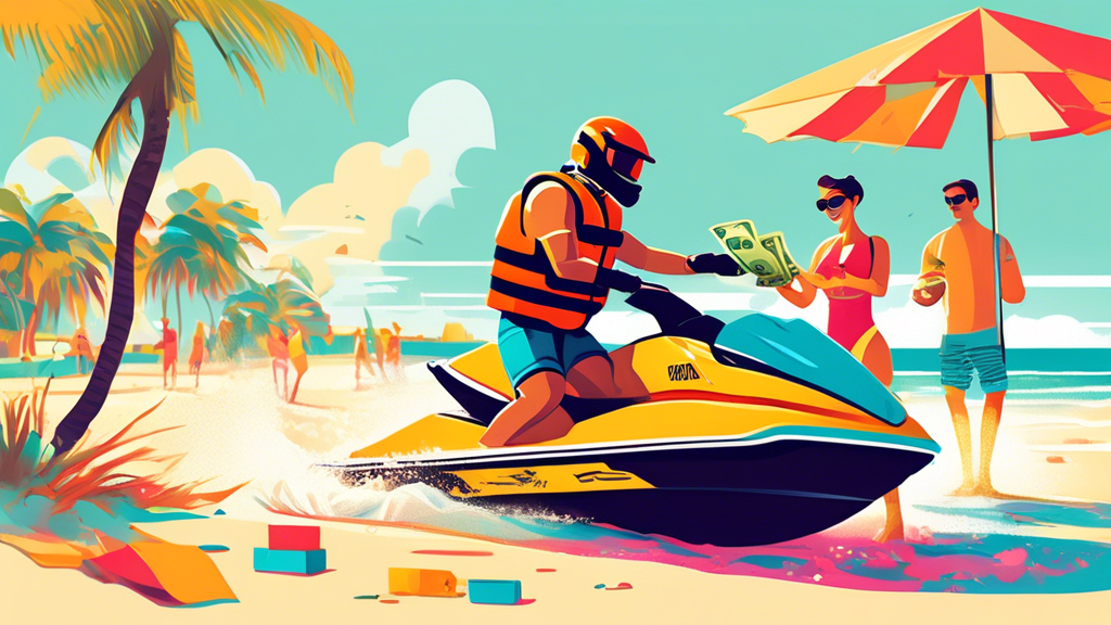 A jet ski rider wearing a life jacket hands a wad of cash to a rental employee on a sunny Florida beach.