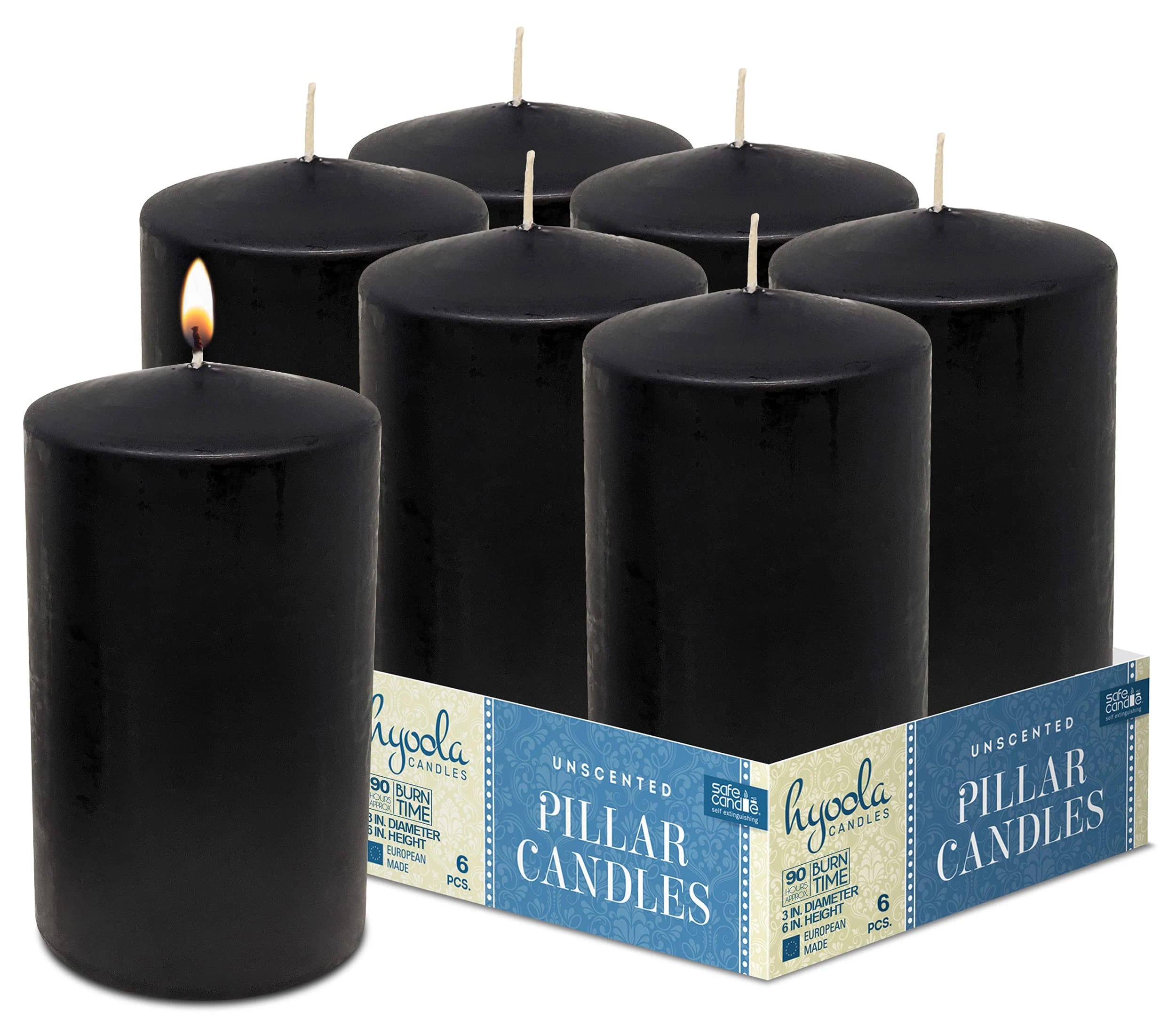 Black Pillar Candles: 6-Pack Unscented Pillar Candles for Unblemished Flame and a Cozy Ambiance | Image