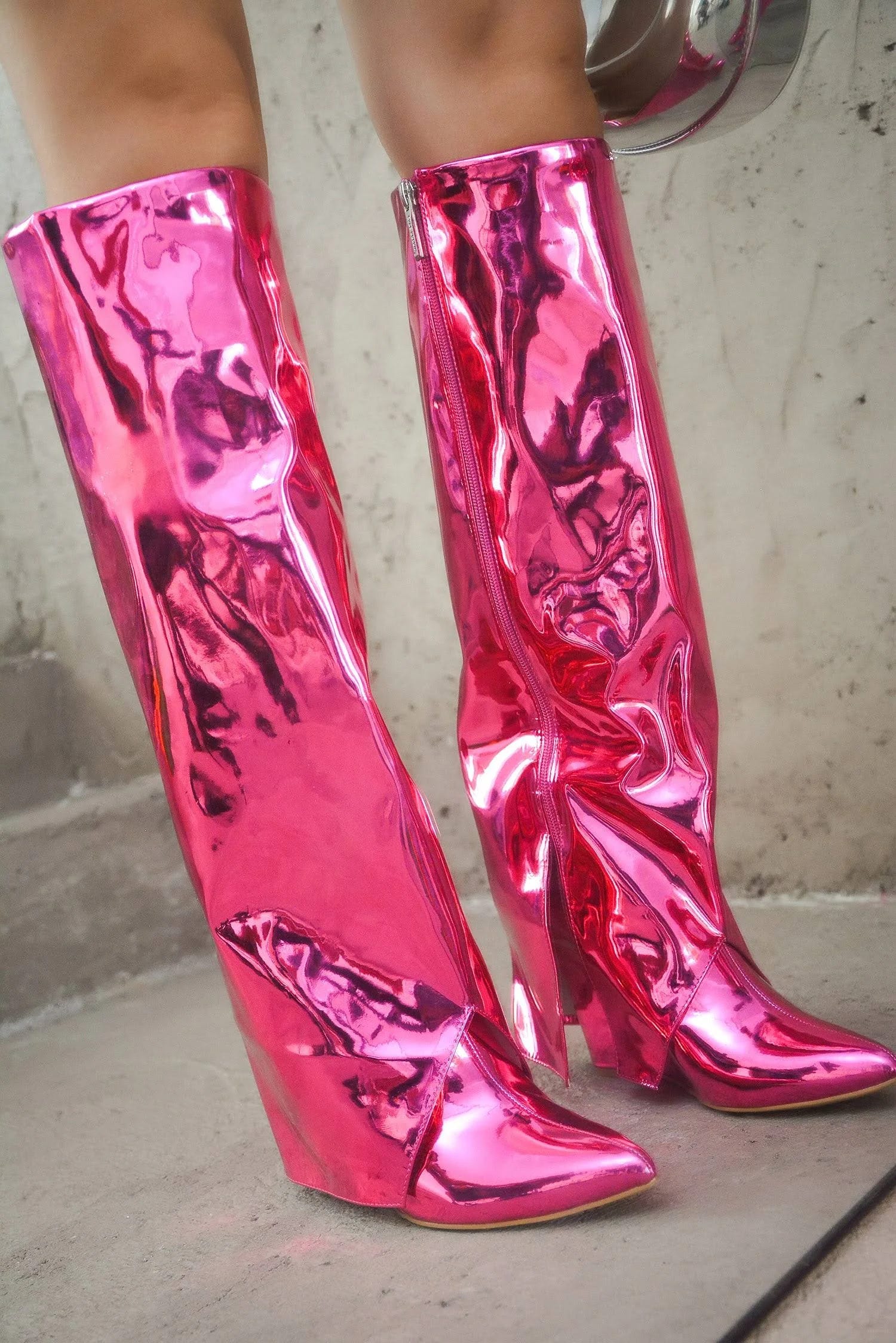 Shimmering Pink Knee High Boots - The Eye-Catching Fashion Statement | Image