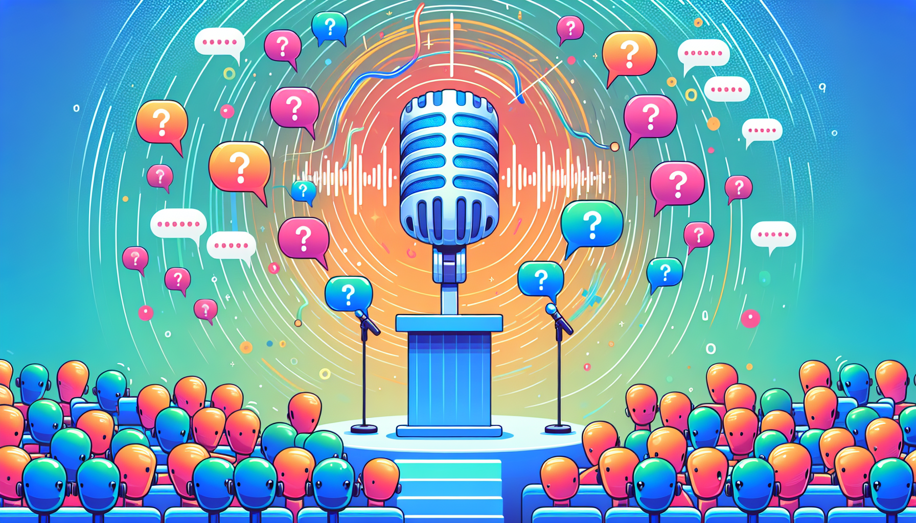 A microphone giving a speech with a robotic voice to a crowd of microphones with speech bubbles filled with question marks.