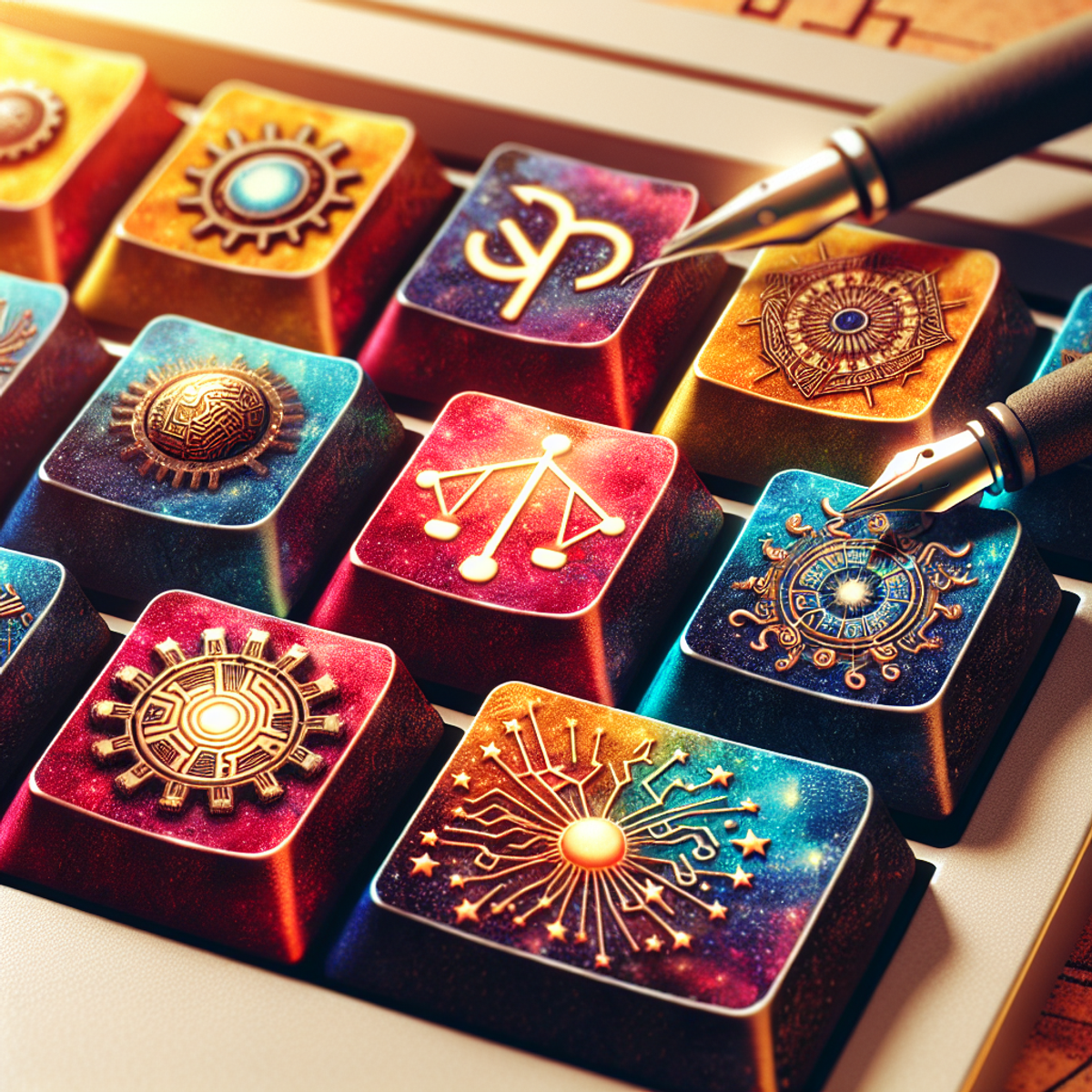 Colorful keyboard with AI, astrology, and writing symbols.