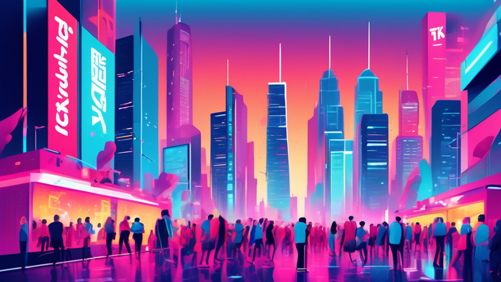 A bustling cityscape with skyscrapers and a large billboard that reads TikTok Business Guide for 2024. The streets are filled with people using smartphones and engaging with the TikTok app.