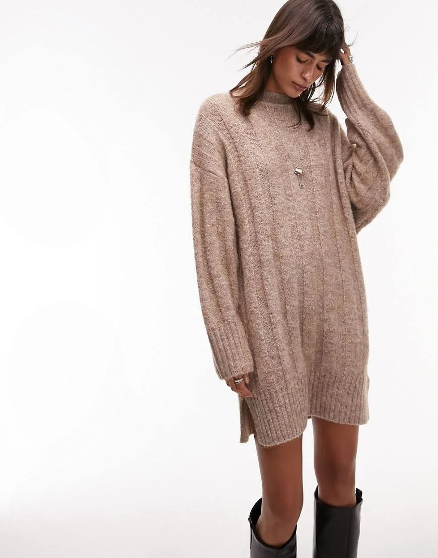 Comfortable Wide Rib Mini Dress in Mushroom-Brown | Image