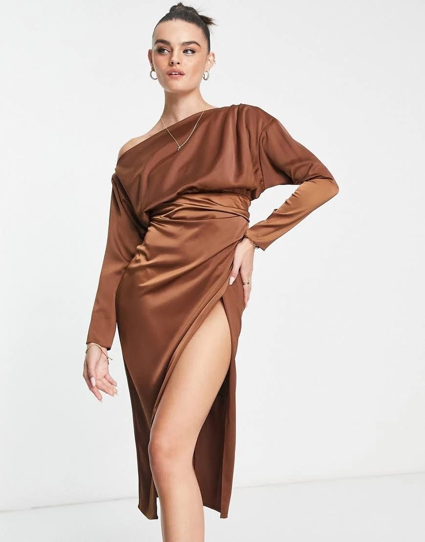 Stylish Off-Shoulder Dark Brown Satin Midi Dress | Image