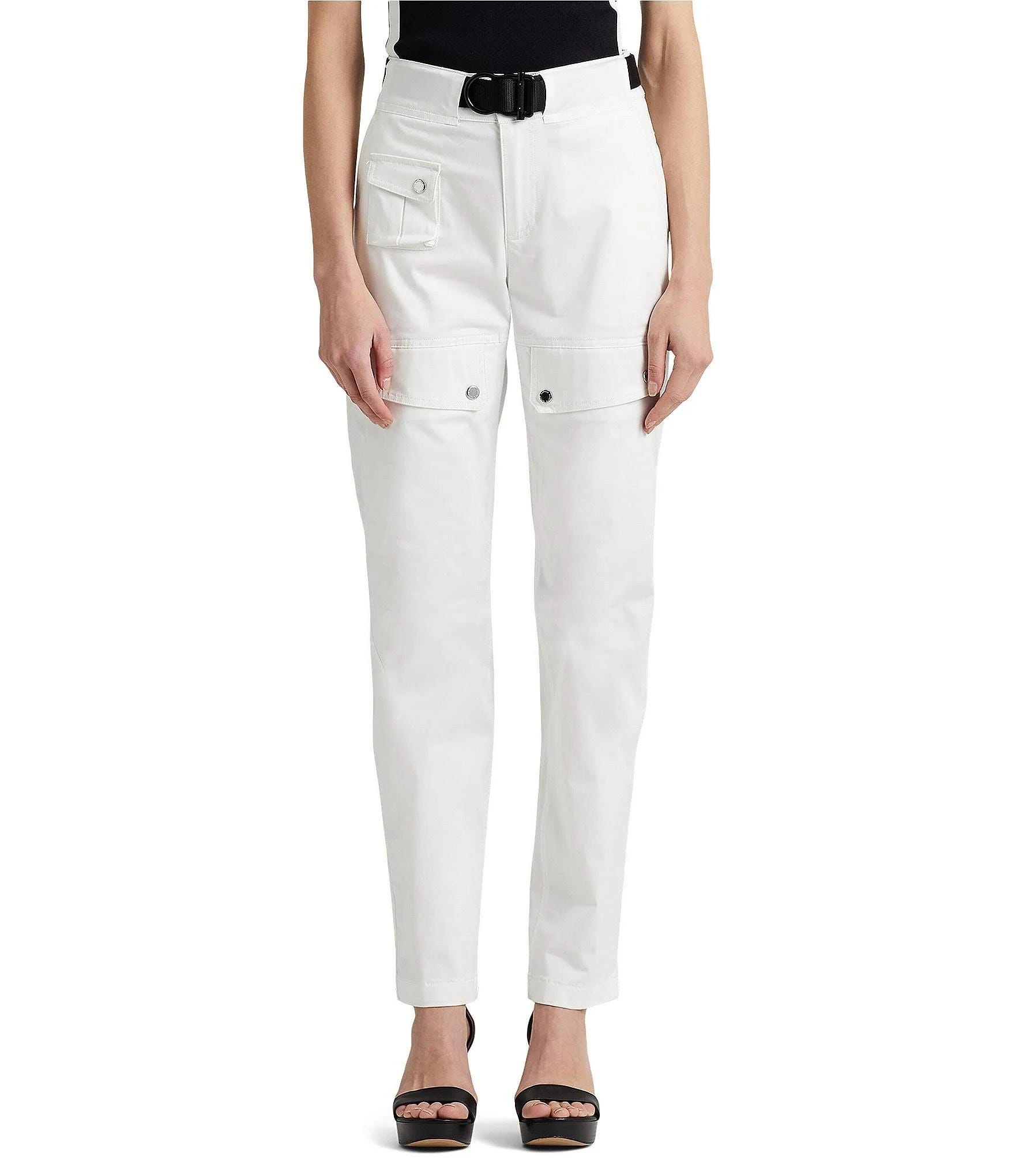 Luxurious White Sateen Cargo Pants with Belted Design | Image