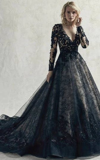 black-ball-gown-v-neck-long-sleeve-empire-tulle-organza-wedding-dress-with-appliques-and-deep-v-back-1