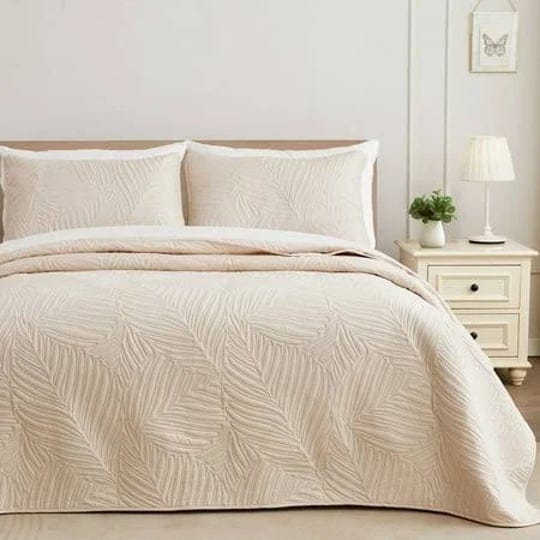 exclusivo-mezcla-ultrasonic-quilt-set-full-queen-size-beige-3-piece-lightweight-bedspread-leaf-patte-1