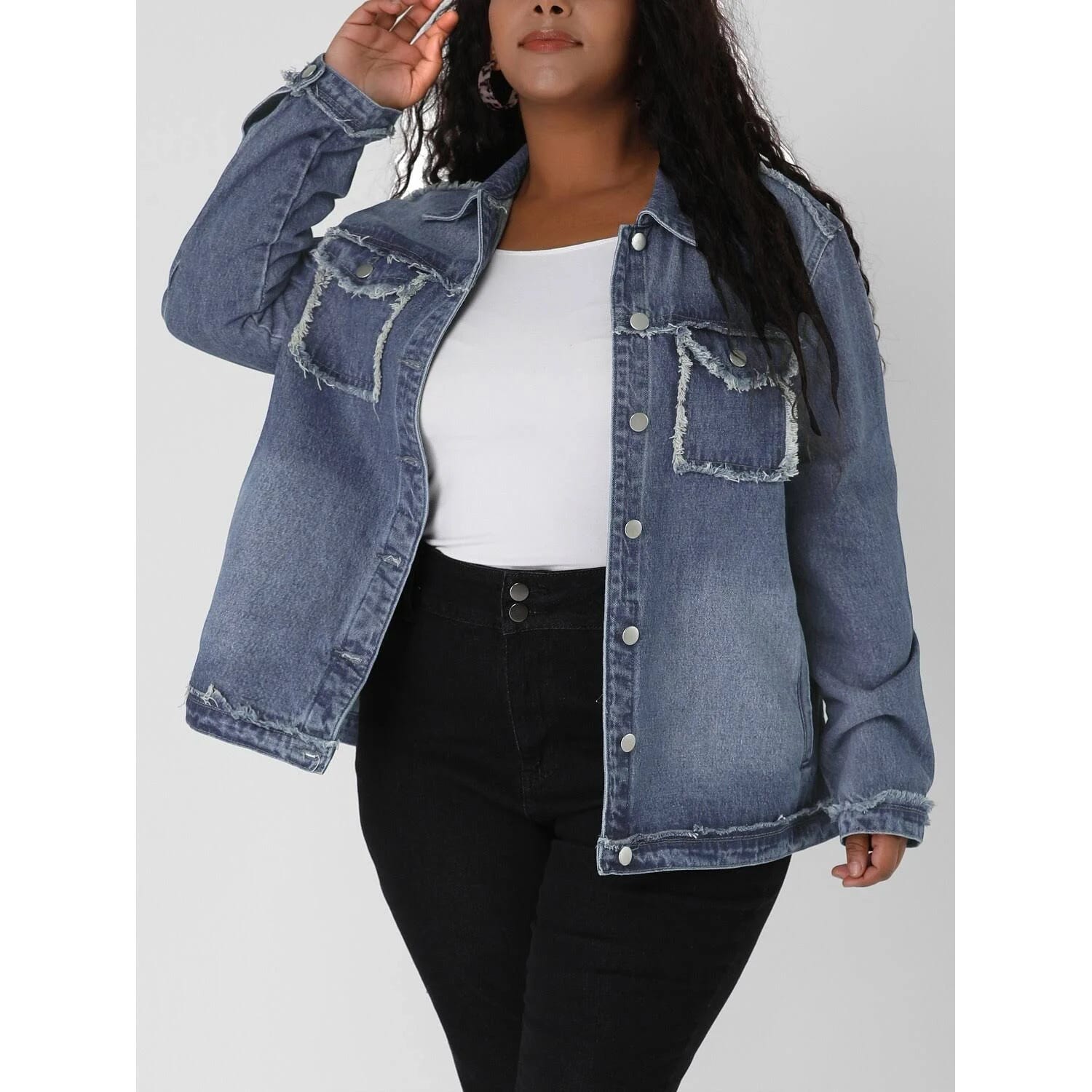Frayed Plus Size Denim Jacket for Women | Image