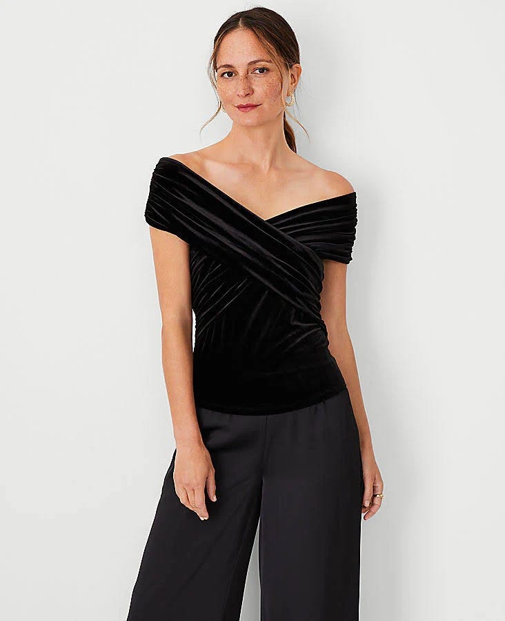 Elegant Black Velvet Crossover Top for Women | Image