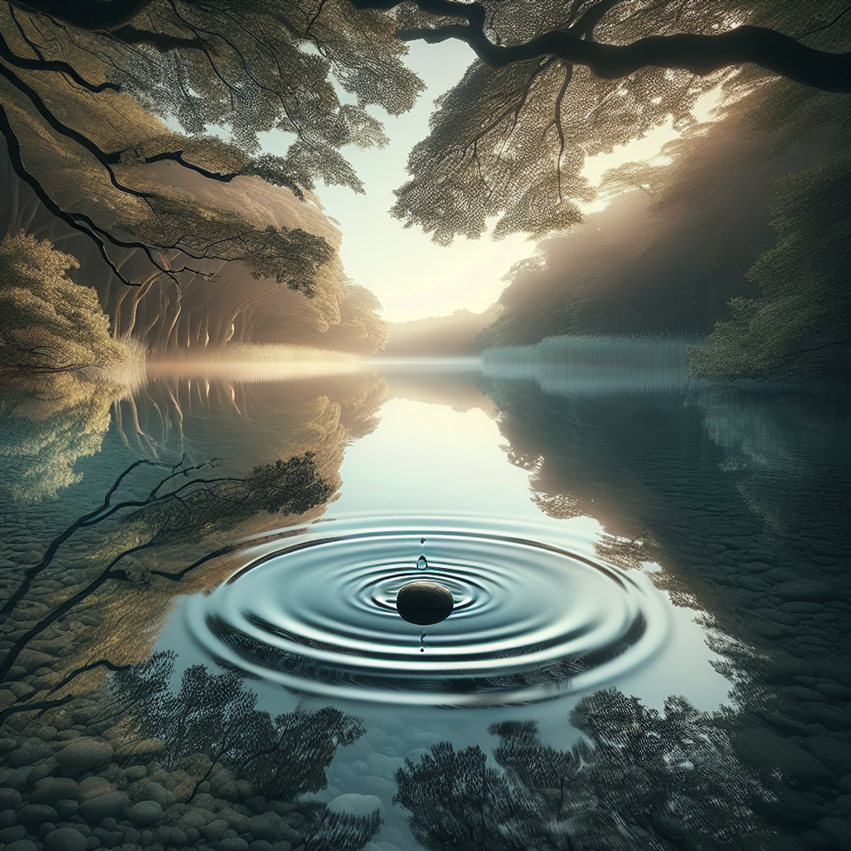 Tranquil lake with overhanging trees and a pebble causing ripples.