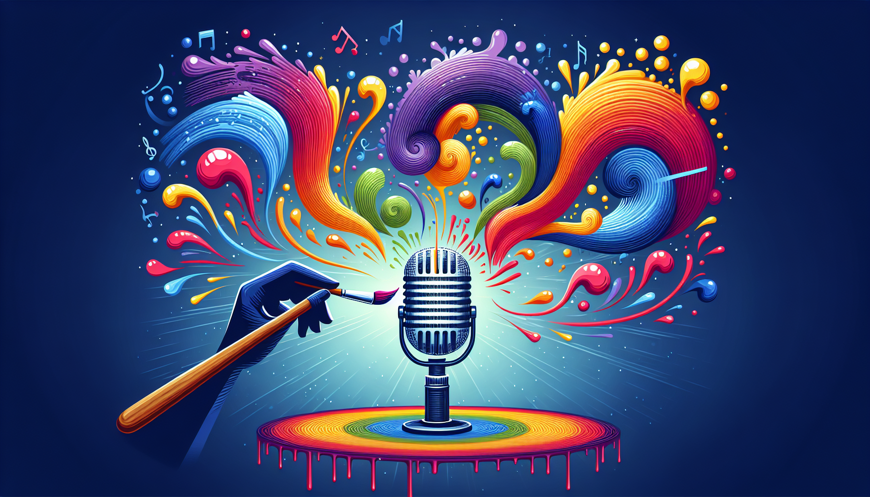 A paintbrush painting a microphone with colorful soundwaves coming out of it.