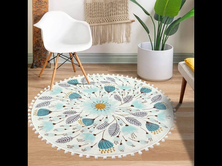 poowe-round-rug-for-bedroom-4ft-circle-area-rug-with-pom-poms-fringe-floral-plant-washable-throw-rug-1