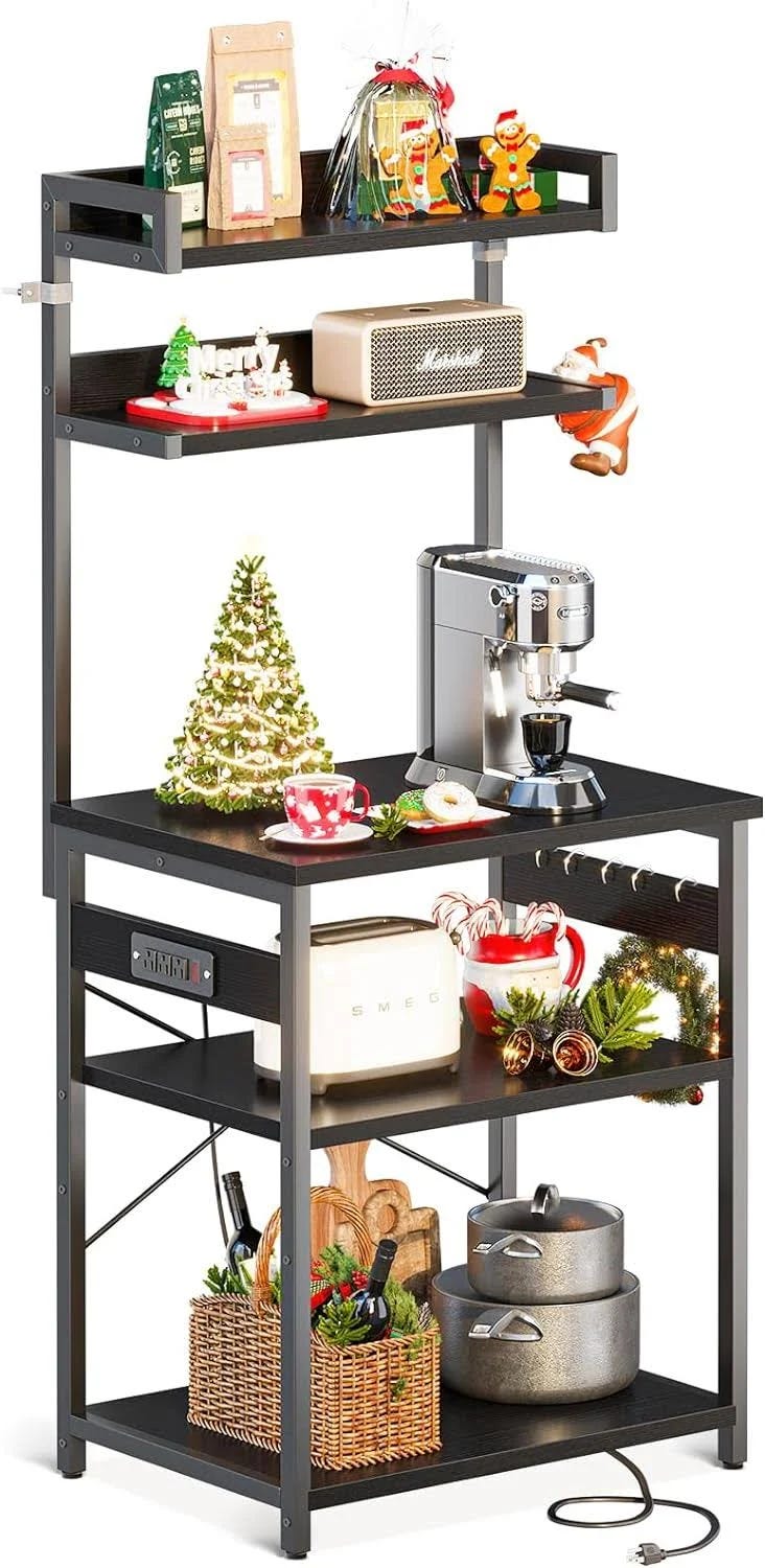 ODK Bakers Rack with Power Outlet - 5-Tier Coffee Bar & Microwave Stand, Black | Image