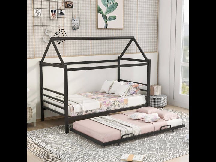 metal-house-shape-platform-bed-with-trundletwin-size-black-1