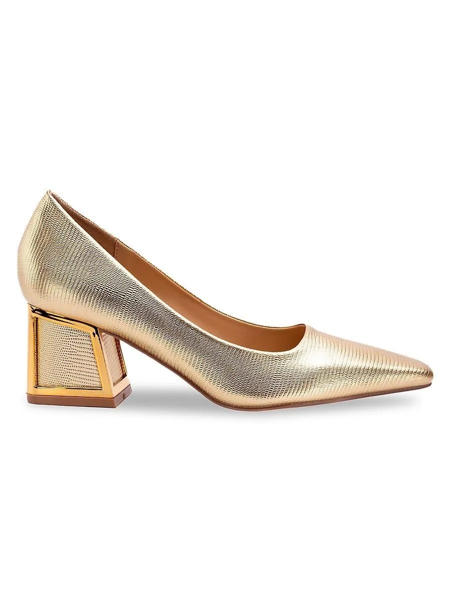 Elegant Gold Block Heel Pumps by Lady Couture | Image