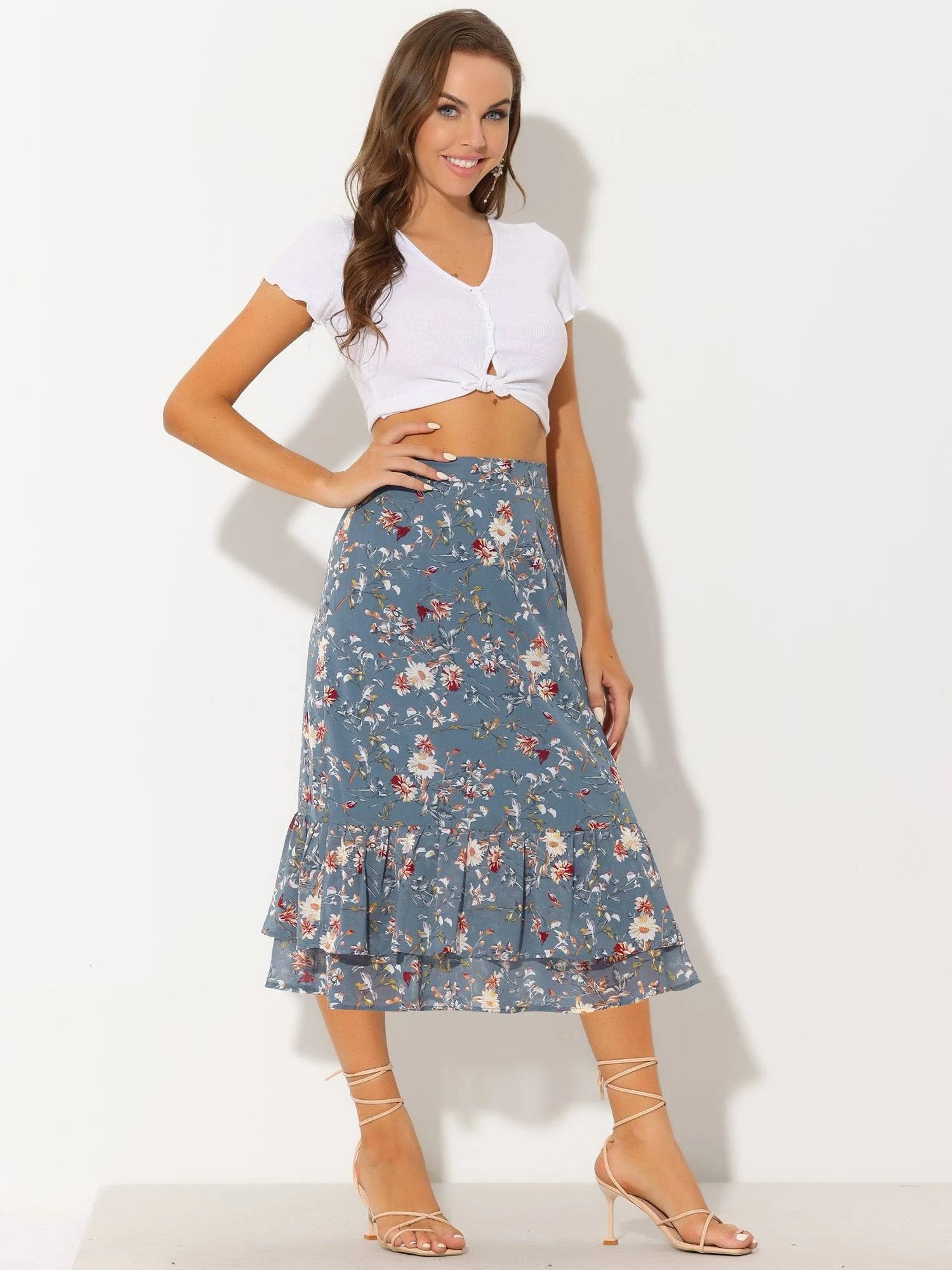 Pretty Floral Midi Skirt with Elegant Print | Image