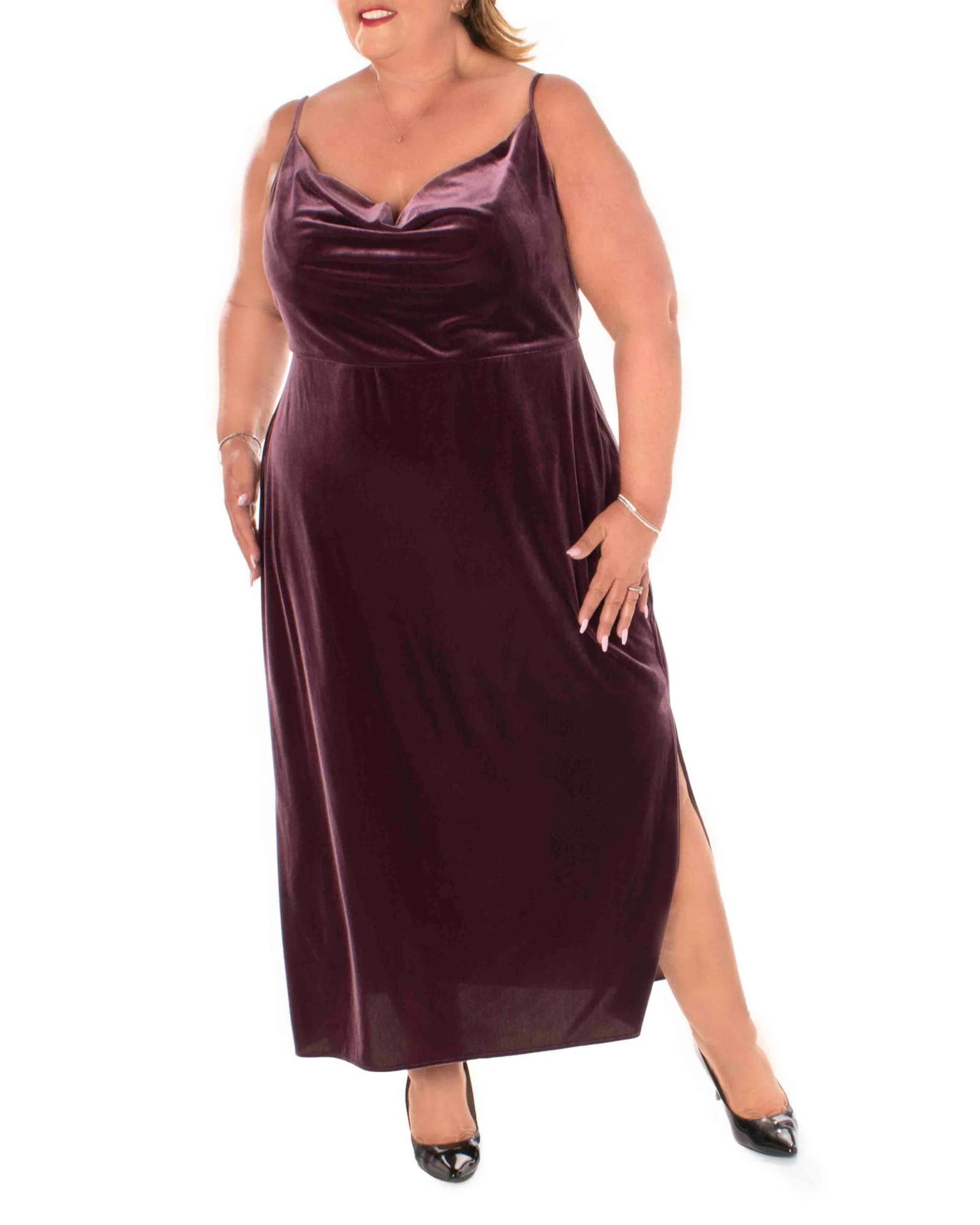 Stylish Velvet Long Dress in Wine | Image