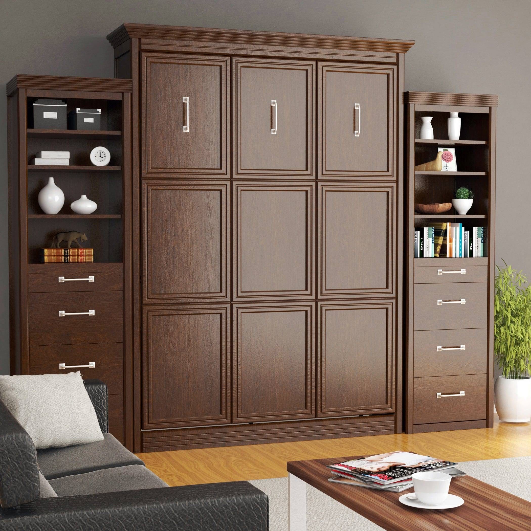 Vertical Walnut Queen Murphy Bed with 2 Side Towers | Image