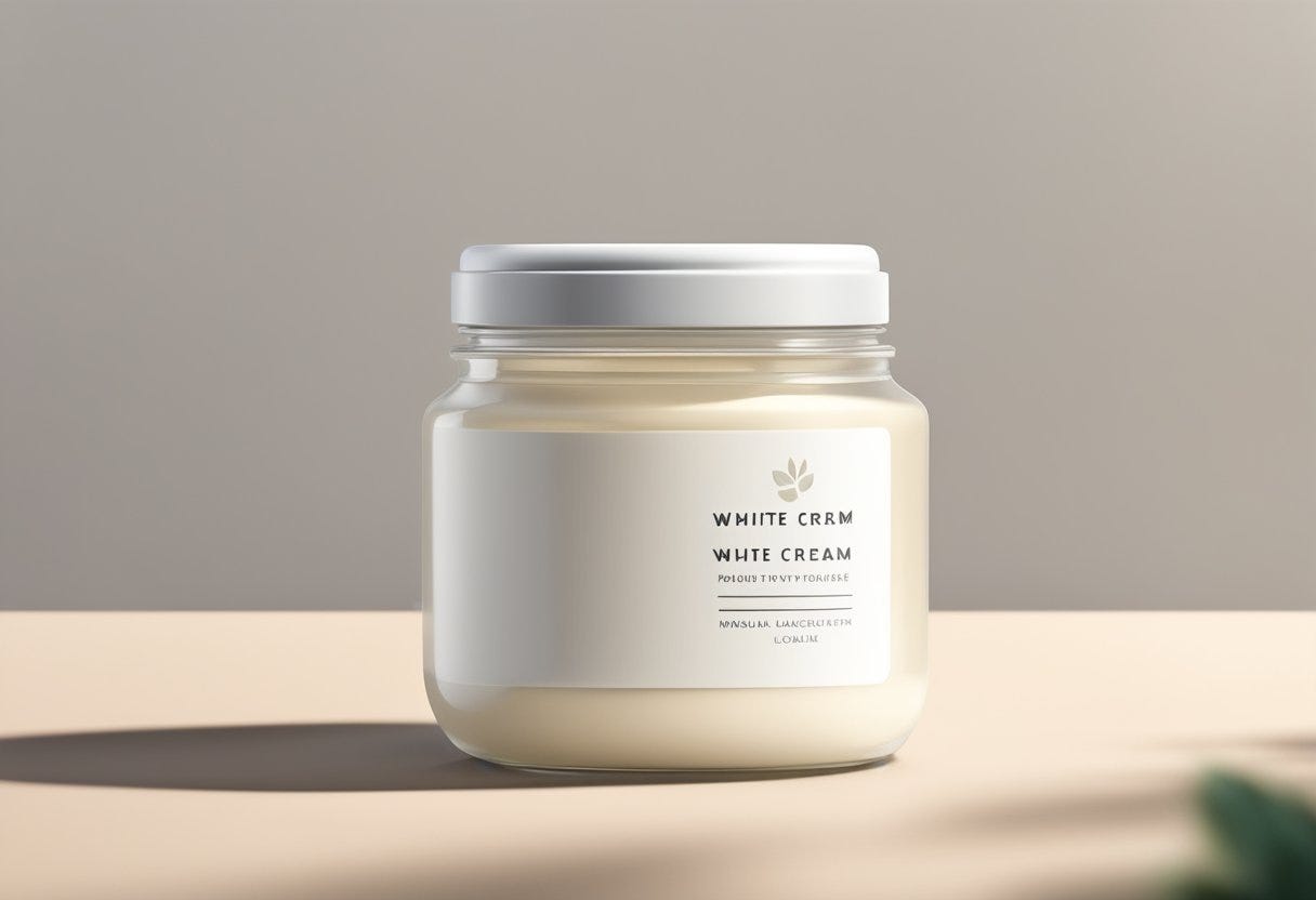 A jar of white cream sits on a clean, minimalist table, with soft natural light illuminating the label