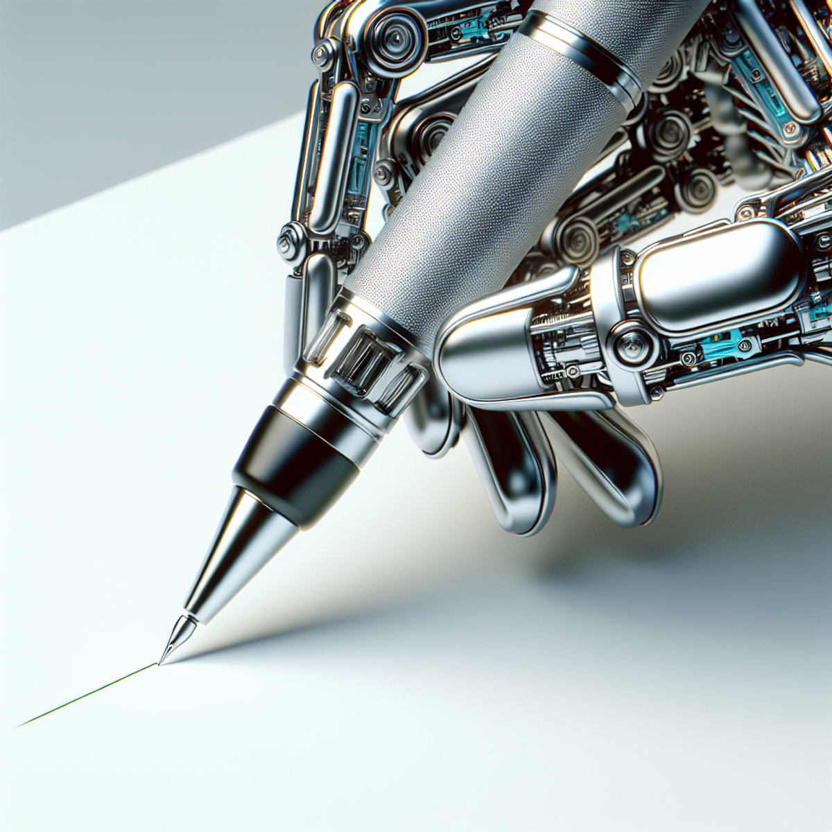 A close-up image of a futuristic AI-powered pen writing on a blank piece of paper.