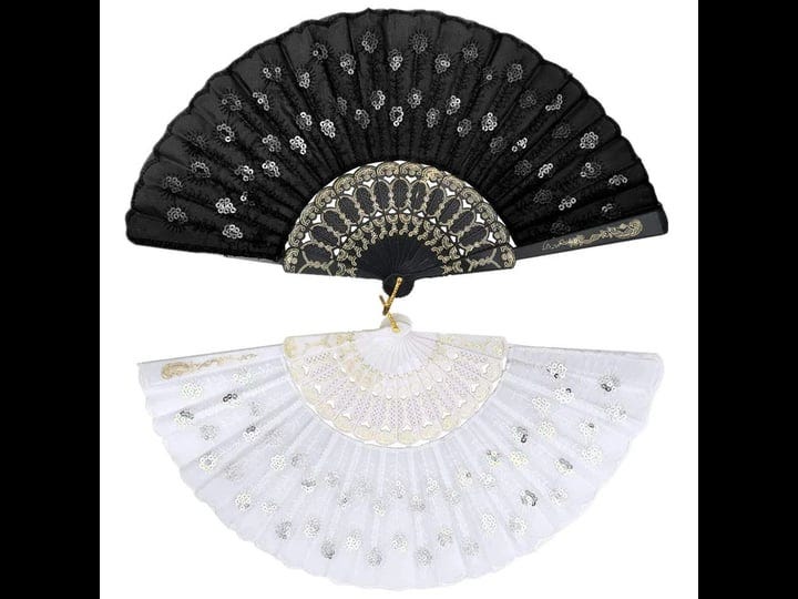 ycnpeatt-2pcs-peacock-pattern-sequin-fabric-hand-fan-black-and-white-lace-folding-fan-handheld-foldi-1