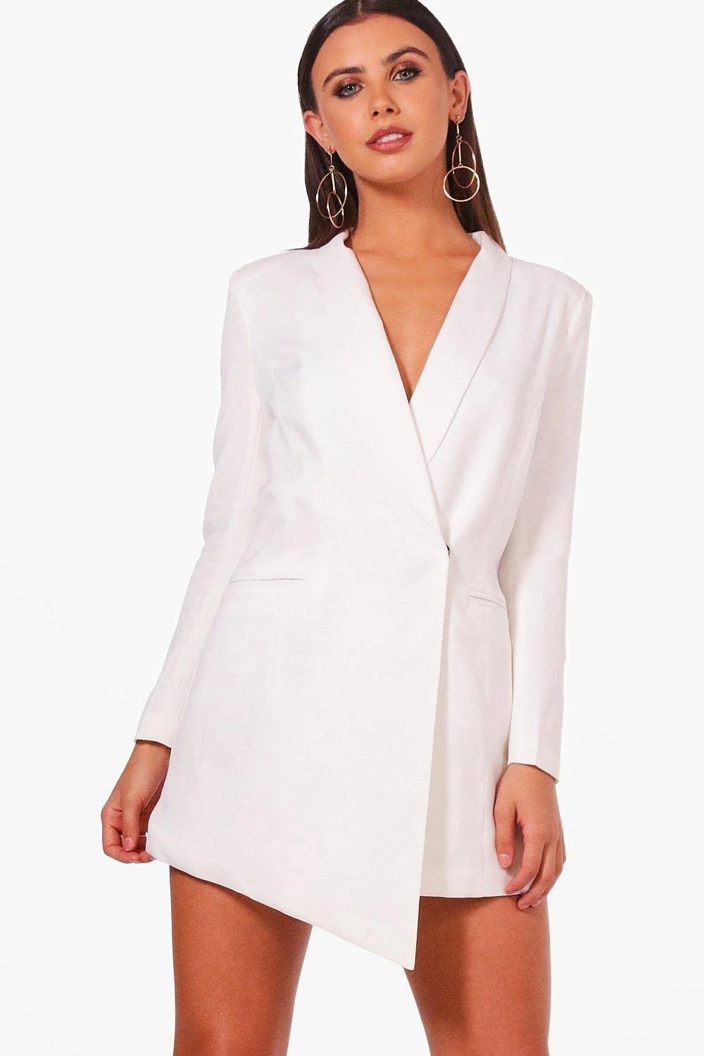 Petite White Asymmetric Blazer Dress for Women: Mini Length, Plunge Neckline | Image