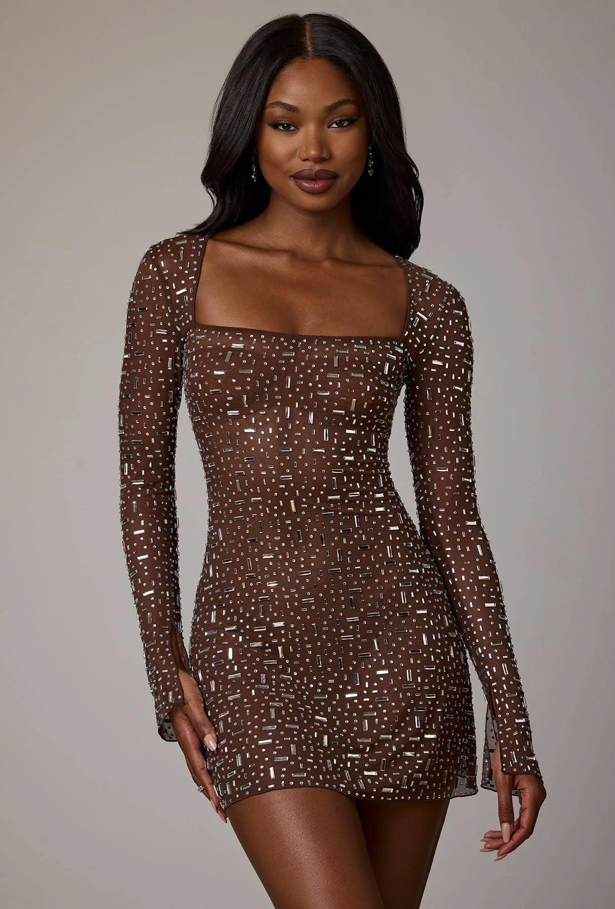 Sparkling Long Sleeve A-Line Mini Dress for Evenings | Image